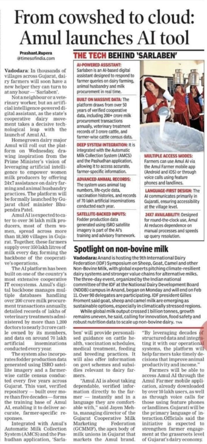 Newspaper coverage of Amul AI Sarlaben launch
